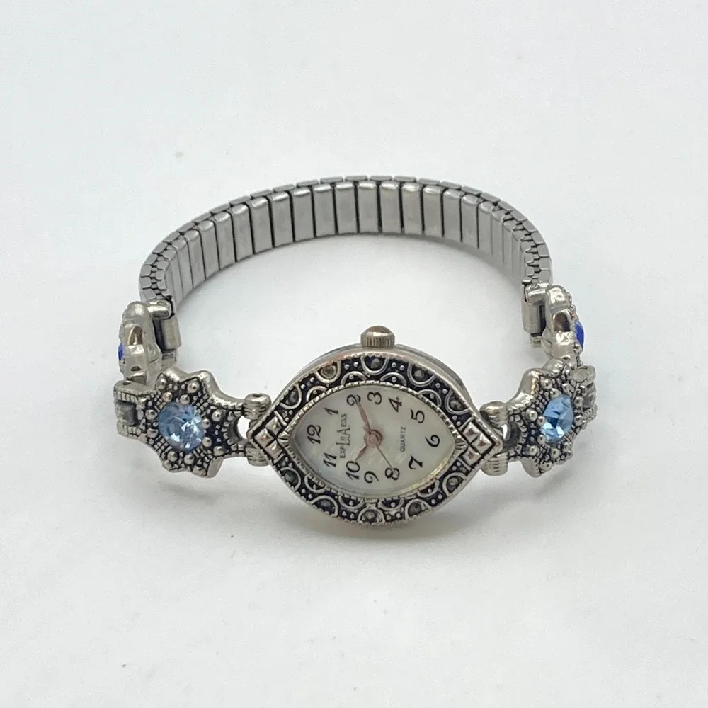 Vtg LA Express Women's Watch MISSING STONE Silver Tone Blue Crystals New Battery